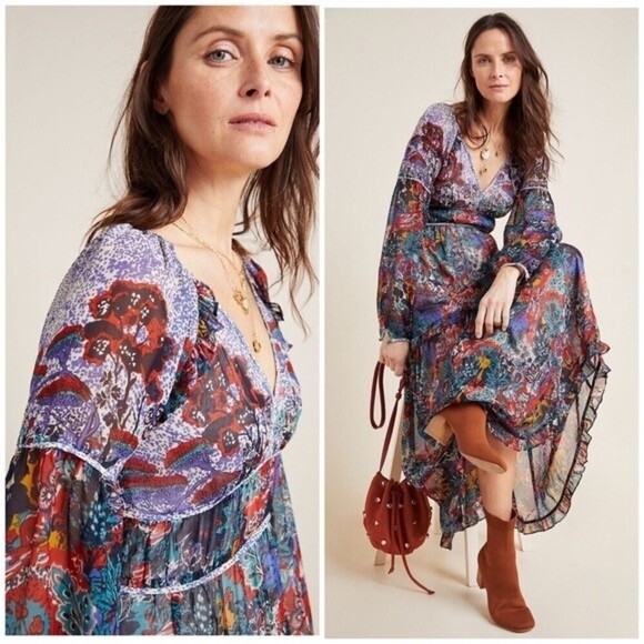 Anthropologie Maeve Annabella Tiered Boho Maxi Dress Puff Sleeve V-Neck Size 10 - Picture 3 of 16
